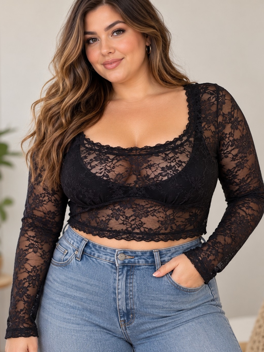 Torrid Size 2 Black Sheer Floral Lace Long Sleeve Crop Top Stretch